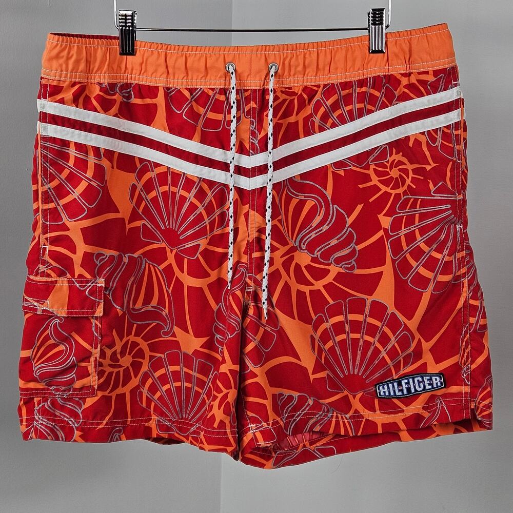 Tommy Hilfiger VTG Y2K‎ Men's Orange Shells Print Swim Trunk Shorts | Large